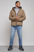 Оптом Куртка спортивная мужская зимняя с капюшоном коричневого цвета 8357K, фото 15
