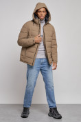 Оптом Куртка спортивная мужская зимняя с капюшоном коричневого цвета 8357K, фото 5