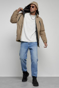 Оптом Куртка спортивная мужская зимняя с капюшоном бежевого цвета 8360B, фото 17