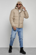 Оптом Куртка спортивная мужская зимняя с капюшоном бежевого цвета 8362B, фото 6