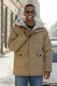 Оптом Парка мужская зимняя удлиненная с мехом горчичного цвета 8757G, фото 2