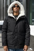 Оптом Парка мужская зимняя удлиненная с мехом черного цвета 8761Ch, фото 4