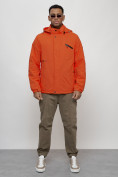 Оптом Куртка спортивная мужская весенняя с капюшоном оранжевого цвета 88021O в Казани