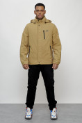 Оптом Куртка спортивная мужская весенняя с капюшоном бежевого цвета 88023B в Казани