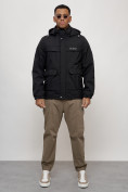 Оптом Куртка спортивная мужская весенняя с капюшоном черного цвета 88031Ch в Казани