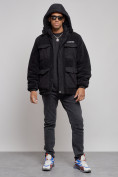 Оптом Плюшевая куртка мужская с капюшоном молодежная черного цвета 88636Ch в Омске, фото 5