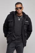 Оптом Плюшевая куртка мужская с капюшоном молодежная черного цвета 88636Ch в Челябинске, фото 7