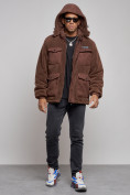 Оптом Плюшевая куртка мужская с капюшоном молодежная коричневого цвета 88636K, фото 5