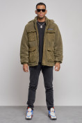 Оптом Плюшевая куртка мужская с капюшоном молодежная цвета хаки 88636Kh в Волгоградке