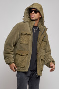 Оптом Плюшевая куртка мужская с капюшоном молодежная цвета хаки 88636Kh в Омске, фото 6