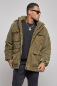 Оптом Плюшевая куртка мужская с капюшоном молодежная цвета хаки 88636Kh в Саратове, фото 7