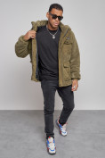 Оптом Плюшевая куртка мужская с капюшоном молодежная цвета хаки 88636Kh в Омске, фото 9