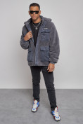Оптом Плюшевая куртка мужская с капюшоном молодежная серого цвета 88636Sr, фото 9