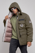Оптом Куртка мужская зимняя с капюшоном молодежная цвета хаки 88911Kh в Иркутске, фото 16