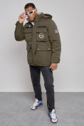 Оптом Куртка мужская зимняя с капюшоном молодежная цвета хаки 88911Kh в Новосибирске, фото 2
