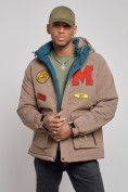 Оптом Куртка мужская зимняя с капюшоном молодежная коричневого цвета 88915K, фото 7