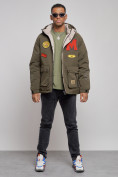 Оптом Куртка мужская зимняя с капюшоном молодежная цвета хаки 88915Kh