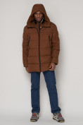 Оптом Спортивная молодежная куртка удлиненная мужская коричневого цвета 93686K в Казани, фото 7