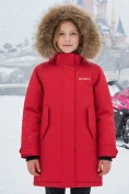 Оптом Куртка парка зимняя подростковая для девочки с капюшоном и мехом красного цвета 9446Kr