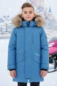 Оптом Парка зимняя подростковая для мальчика с капюшоном и мехом синего цвета 9535S