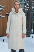Оптом Пальто утепленное стеганное зимнее с капюшоном женское бежевого цвета 9601B, фото 2
