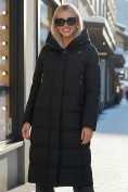 Оптом Пальто утепленное стеганное зимнее с капюшоном женское черного цвета 9606Ch, фото 2