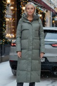 Оптом Пальто утепленное стеганное зимнее с капюшоном женское цвета хаки 9611Kh
