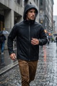 Оптом Ветровка мужская софтшелл виндстоппер с капюшоном спортивная черного цвета 9611_1Ch, фото 3