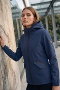 Оптом Ветровка женская софтшелл виндстоппер с капюшоном спортивная темно-синего цвета 9612_1TS