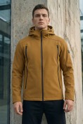 Оптом Ветровка мужская софтшелл виндстоппер с капюшоном спортивная горчичного цвета 9613_1G