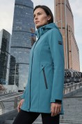 Оптом Парка женская софтшелл виндстоппер удлинённая с капюшоном бирюзового цвета 9614_1Br, фото 2
