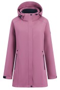 Оптом Парка женская софтшелл виндстоппер удлинённая с капюшоном малинового цвета 9614_1M