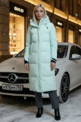 Оптом Пальто утепленное стеганное зимнее с капюшоном женское бирюзового цвета 9615Br, фото 4