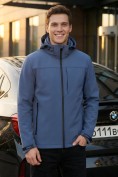 Оптом Ветровка мужская софтшелл виндстоппер с капюшоном спортивная синего цвета 9615_1S