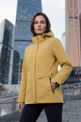 Оптом Ветровка женская софтшелл виндстоппер с капюшоном спортивная горчичного цвета 9616_1G, фото 4