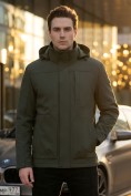 Оптом Ветровка мужская софтшелл виндстоппер с капюшоном спортивная цвета хаки 9617_1Kh