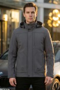 Оптом Ветровка мужская софтшелл виндстоппер с капюшоном спортивная темно-серого цвета 9617_1TC
