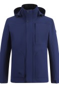 Оптом Ветровка мужская софтшелл виндстоппер с капюшоном спортивная темно-синего цвета 9617_1TS