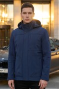 Оптом Ветровка мужская софтшелл виндстоппер с капюшоном спортивная темно-синего цвета 9617_1TS