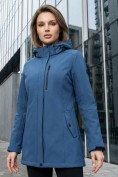 Оптом Парка женская софтшелл виндстоппер удлинённая с капюшоном синего цвета 9618_1S