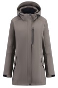 Оптом Парка женская софтшелл виндстоппер удлинённая с капюшоном темно-серого цвета 9618_1TC