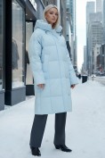 Оптом Пальто летучая мышь женское с капюшоном зимнее голубого цвета 9619Gl, фото 4
