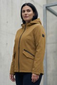 Оптом Ветровка женская софтшелл большого размера с капюшоном ветрозащитная горчичного цвета 9620_1G, фото 8
