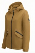 Оптом Ветровка женская софтшелл большого размера с капюшоном ветрозащитная горчичного цвета 9620_1G, фото 3