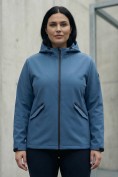 Оптом Ветровка женская софтшелл большого размера с капюшоном ветрозащитная синего цвета 9620_1S