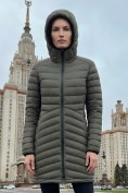 Оптом Куртка женская удлинённая стёганая с капюшоном и графеновой подкладкой цвета хаки 9628_1Kh