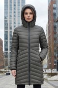 Оптом Куртка женская удлинённая стёганая с капюшоном и графеновой подкладкой цвета хаки 9628_1Kh, фото 4