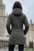 Оптом Куртка женская удлинённая стёганая с капюшоном и графеновой подкладкой цвета хаки 9628_1Kh, фото 3